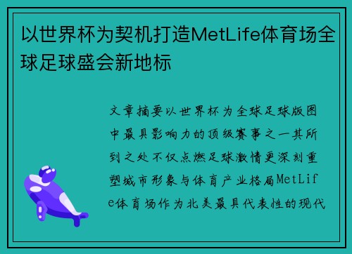 以世界杯为契机打造MetLife体育场全球足球盛会新地标 以世界杯为契机打造MetLife体育场全球足球盛会新地标
