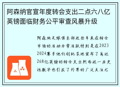 阿森纳官宣年度转会支出二点六八亿英镑面临财务公平审查风暴升级 阿森纳官宣年度转会支出二点六八亿英镑面临财务公平审查风暴升级